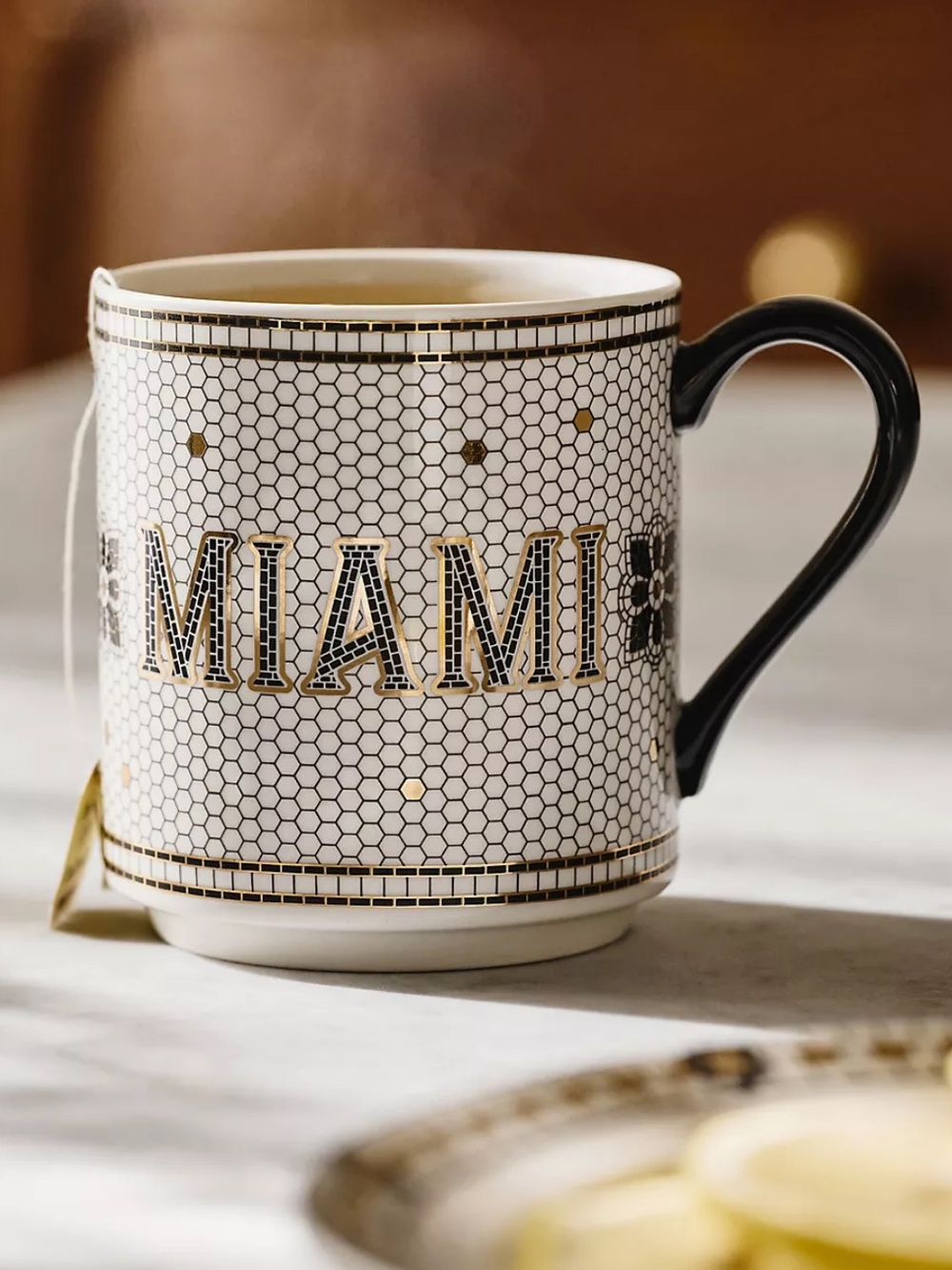 Anthropologie Miami Bistro Tile Stoneware 24k Gold Accent Jetsetter Mug